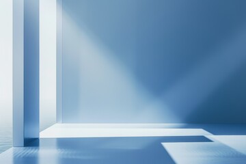 A minimalistic room with blue walls and a white floor, A minimalist design featuring a gradient of blues on a smooth blue background