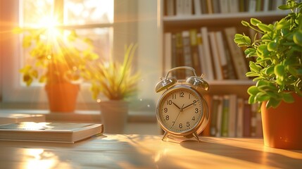 Vintage alarm clock on table with bookshelf and sunrise background.