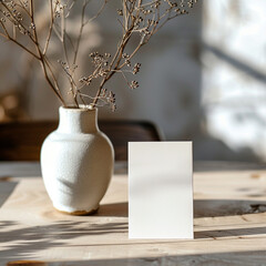 a greeting card on a table, simple white room, nature vibes for a mock up, no sun
