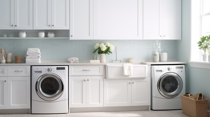 Modern laundry room with white cabinetry and blue subway tile backsplash. Home improvement photography with clean layout.