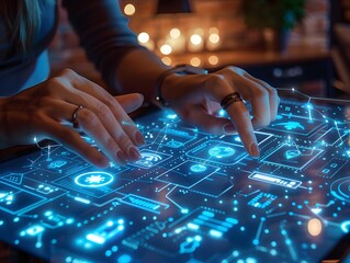 Hands controlling futuristic smart home devices through interactive touchscreen interface for enhanced living and leisure