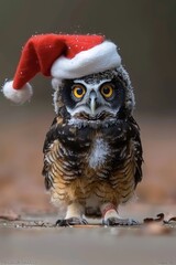 Christmas owl in santa hat on festive background for ads and postcards with text space