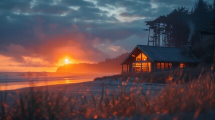 A house with a porch and a fireplace is on a beach