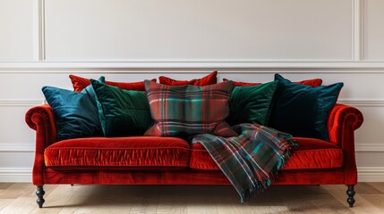 A red couch with green pillows and a red blanket on it