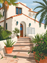Traditional Spanish Mediterranean style White House flat style illustration 
