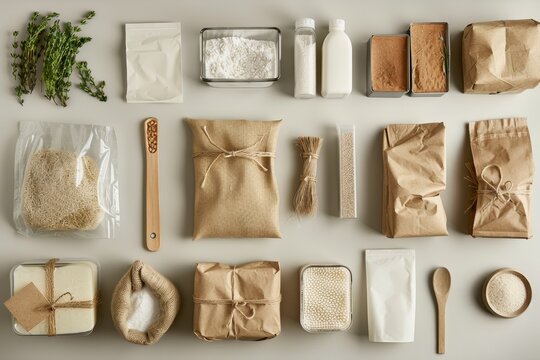 A variety of different items arranged neatly on a table, showcasing diversity and selection, A minimalist design showing the transformation of raw materials into packaged goods