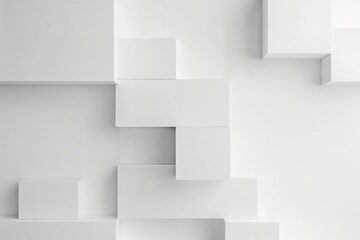 Geometric shapes in white, squares and rectangles pattern the background in an abstract design, A minimalist geometric design against a pure white backdrop