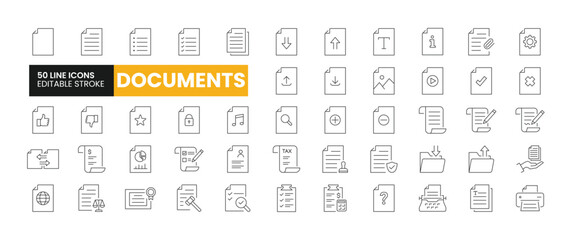 Set of 50 Documents line icons set. Documents outline icons with editable stroke collection. Includes Bill, Invoice, Audio, Text, Music Document, and More.