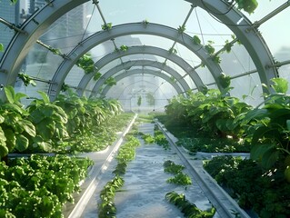 Expansive Futuristic Greenhouse with Thriving Hydroponic Crops and Innovative Sustainability Systems