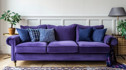 A large purple couch with pillows and a plant on it