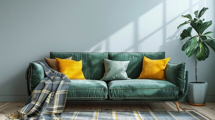 A green couch with yellow pillows and a plant in a vase