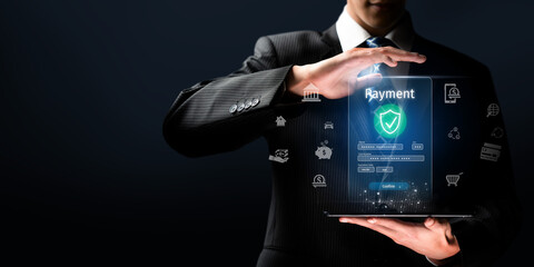 Business person initiates an online payment transaction, showcasing secure and efficient methods....