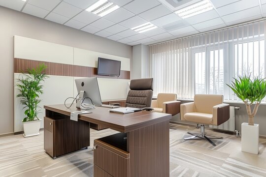 A minimalist office space featuring a desk, chairs, and a laptop computer, A minimalist office with neutral colors and clean lines