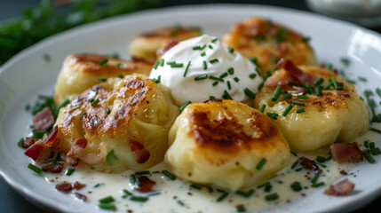 Savory estonian potato dumplings with crispy bacon, fresh chives, and sour cream garnish