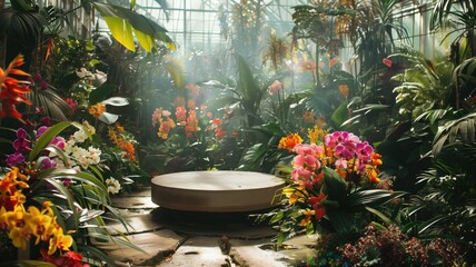Lush indoor garden with vibrant flowers and a round podium.