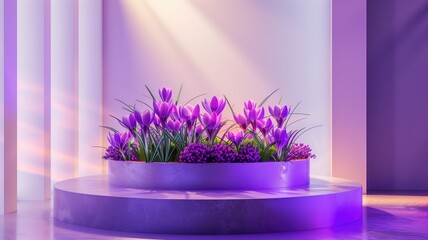  A sleek avant-garde podium setup bathed in purple light.