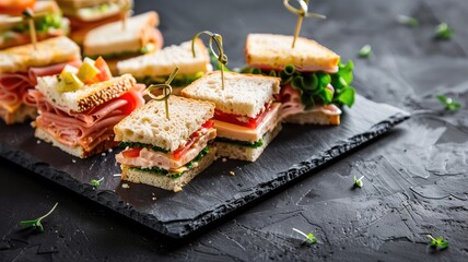  Assorted mini sandwiches with a variety of fillings and garnishes on a dark surface.