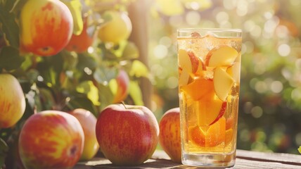 A refreshing glass of iced apple drink garnished with slices, bathed in soft sunlight.
