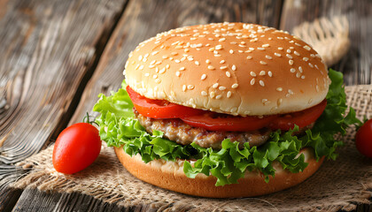 Fast food staple hamburger with lettuce and tomatoes on wooden table