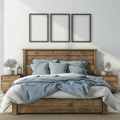 Quarto de dormir com cama de casal com cores naturais brancas e verde com quadros em branco na parede - wallpaper HD