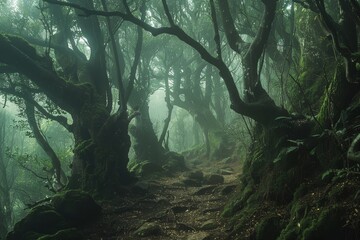 A misty morning path winds through a dense forest filled with numerous towering trees, A misty morning hike through a mystical forest filled with ancient trees