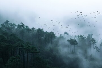 A flock of birds soaring over a misty forest on a foggy morning, A misty morning in a dense fog-covered forest with birds chirping in the distance