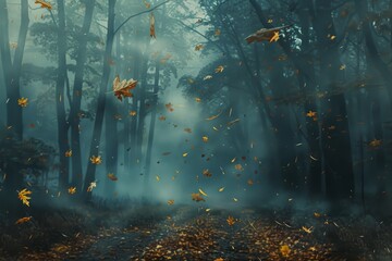 A dense fog blankets a forest filled with numerous golden leaves on a misty morning, A misty morning in the forest with golden leaves falling