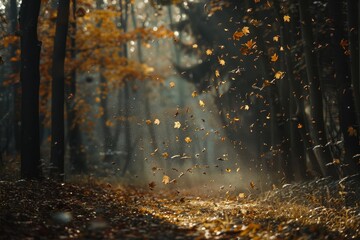 A forest densely populated with trees covered in golden leaves on a misty morning, A misty morning in the forest with golden leaves falling