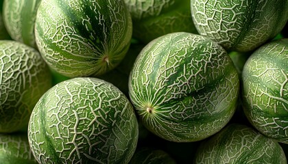 Green melons in the market, close-up, top view. seamless pattern background