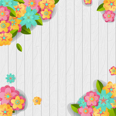 Vector Background. Flowers on wooden background. White wood boards. banner for lettering, advertising and more. colorful paper style flowers