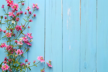 pink flowers, isolated on blue wooden background with copyspace. Purple wildflowers top view for mockup.