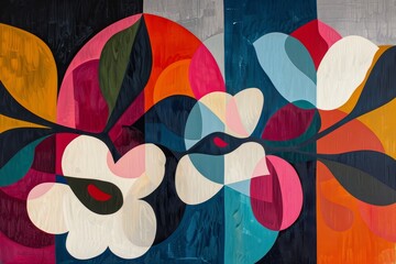 A modern abstract painting featuring vibrant flowers against a dark black background, A modern abstract composition of bold, geometric floral shapes