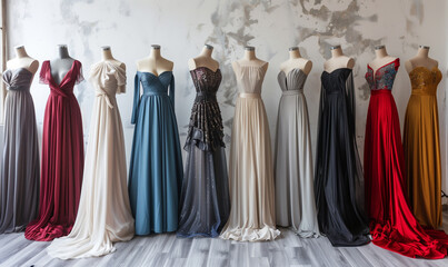 Elegant, long evening dresses present themselves in a luxurious, modern boutique, encouraging customers to explore their unique design and perfect cut.