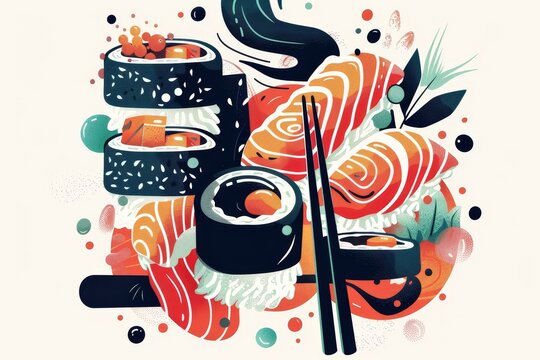Modern poster featuring sushi and chopsticks, A modern and abstract representation of sushi ingredients, such as seaweed, rice, and soy sauce