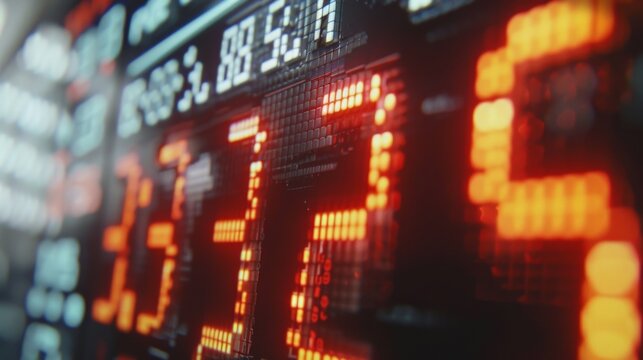 Stock market data displayed on a digital display with red and orange numbers.