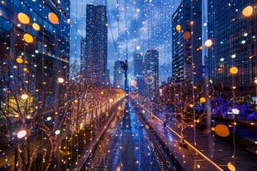 A bustling city street aglow with numerous bright lights, creating a lively and dynamic urban atmosphere, A modern cityscape transformed by a mesmerizing display of synchronized Christmas lights