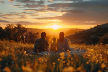 Three People Sitting on a Blanket in a Field at Sunset