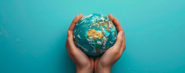 Woman hands holding a globe on blue background.