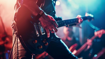 Obraz premium Close up of man's hands playing guitar on stage at concert