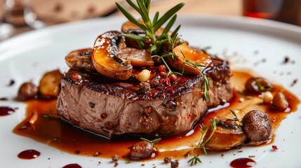 American cuisine. Beef steak with mushrooms and madeira.