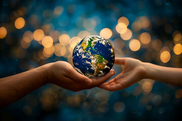 Two hands holding a small earth globe.