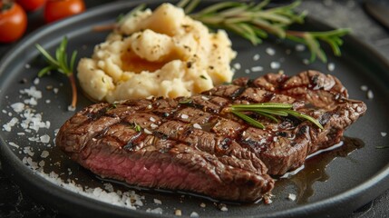 American cuisine. Beef steak with rosemary and mashed white beans.