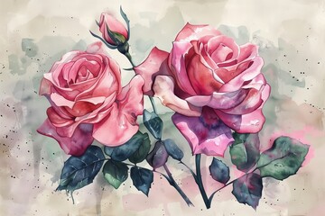 Rosen mit Knospen in Pink, mit Blättern und Dornen, gemalt mit Aquarellfarben, Liebe, Valentinstag