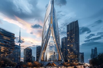 Obraz premium A very tall, modern building with a unique shape towering over the cityscape, A modern skyscraper with a unique shape and glass facade