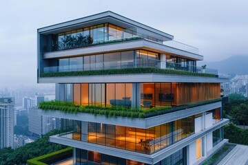Obraz premium A tall modern building with glass walls, featuring plants growing on its balconies, A modern, sleek skyscraper with glass walls and a rooftop garden