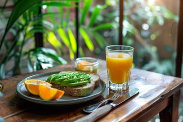 A glass of orange juice sits next to a plate of avocado toast on a modern table, A modern table with avocado toast and freshly squeezed orange juice