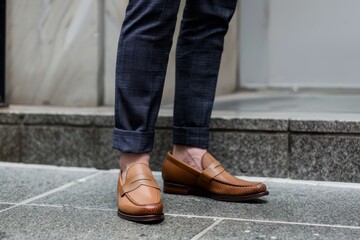 A person standing and wearing a pair of stylish brown shoes, A modern twist on traditional business attire, with a sleek blazer and a pair of trendy loafers