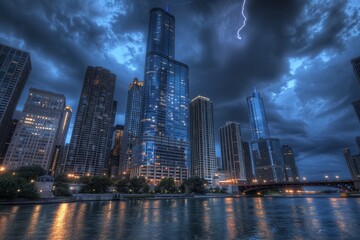 A city skyline under a stormy sky with a bright lightning bolt striking in the background, A moody city skyline under a stormy sky, with lightning illuminating the towering buildings