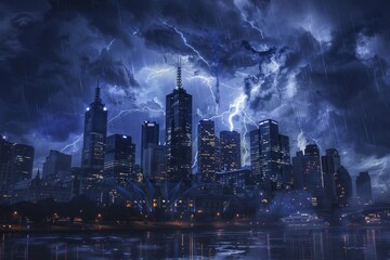 A city skyline stands under a dramatic stormy sky with frequent lightning strikes, A moody city skyline under a stormy sky, with lightning illuminating the towering buildings