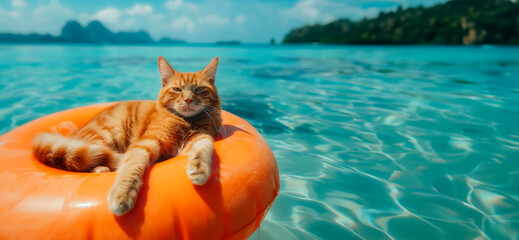 In the idyllic setting of the turquoise ocean, a happy and contented cat lounges on an orange inflatable ring, ,the concept of beach holidays,sea trips,vacation